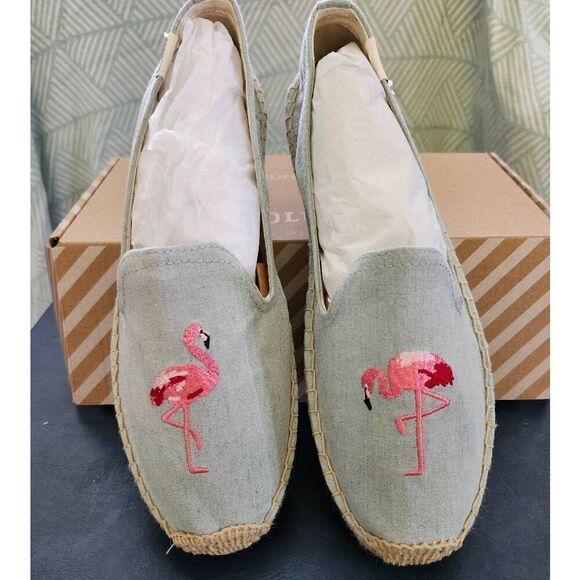 Soludos New In Box Flamingo Embroidered Chambray embroidered Smoking Sli… - Picture 1 of 7